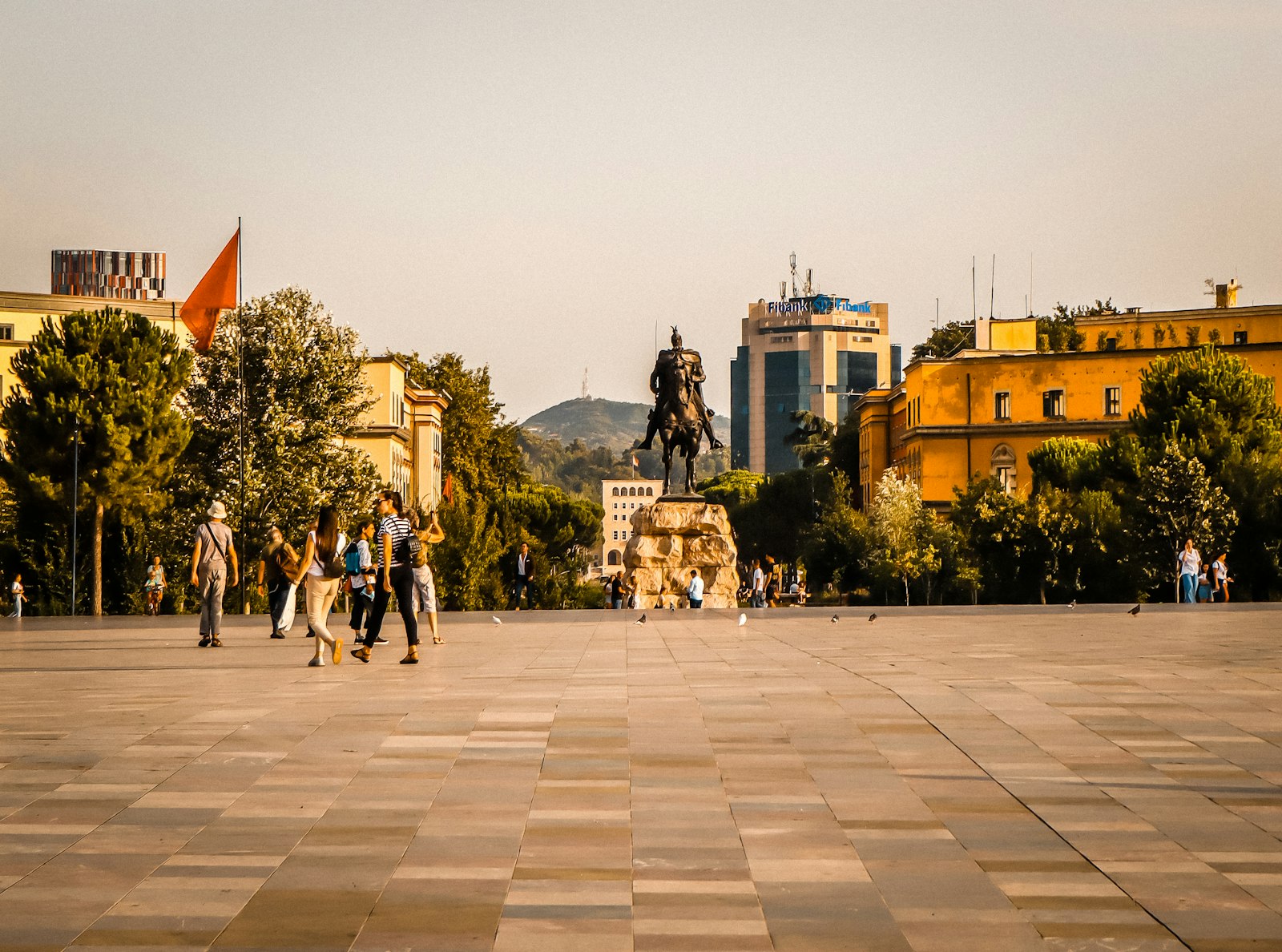 Skanderbeg Square in Tirana, Albania, with the central monument and historic buildings
