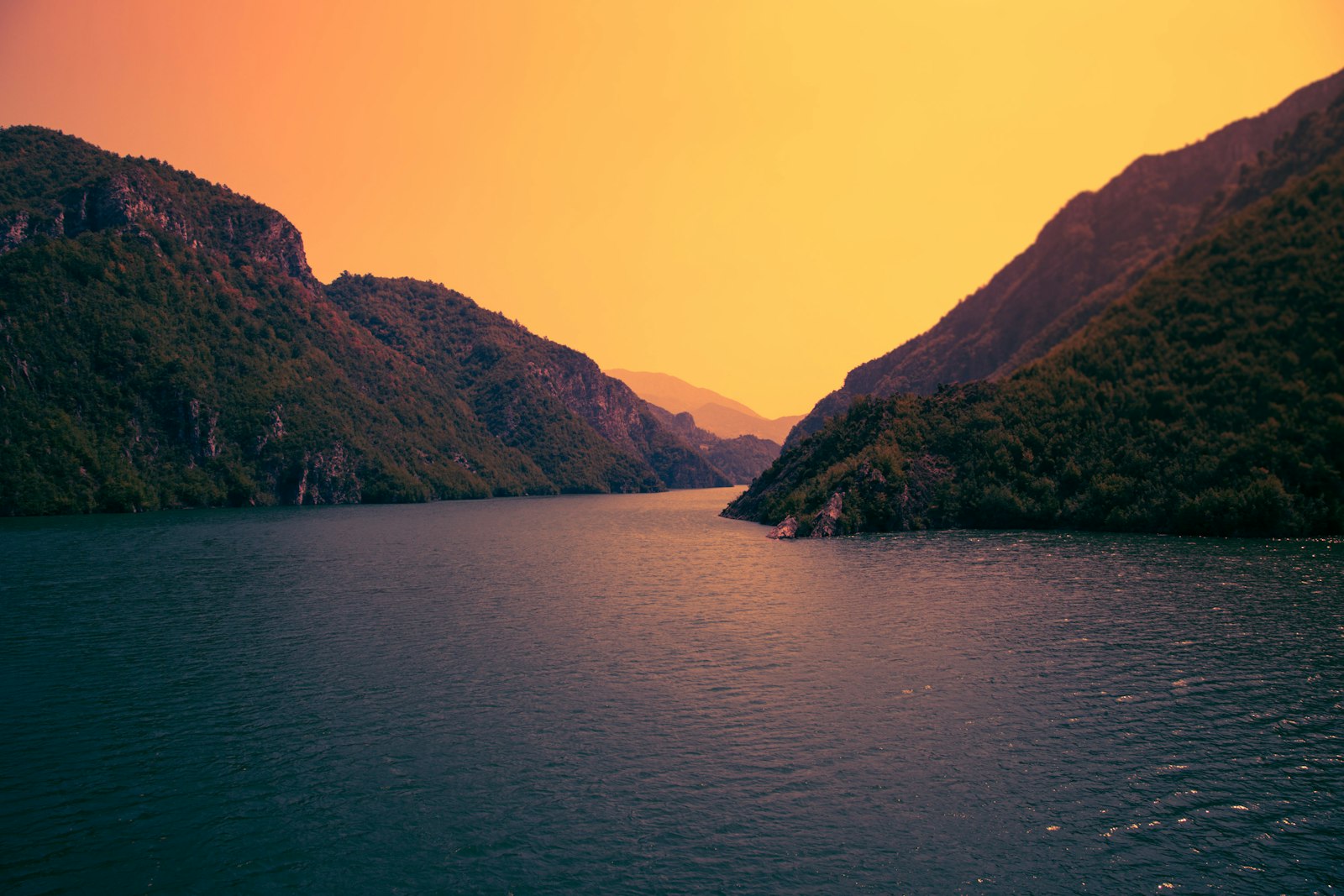 Wild river surrounded by mountains at dawn, similar to the Vjosa Valley in southern Albania